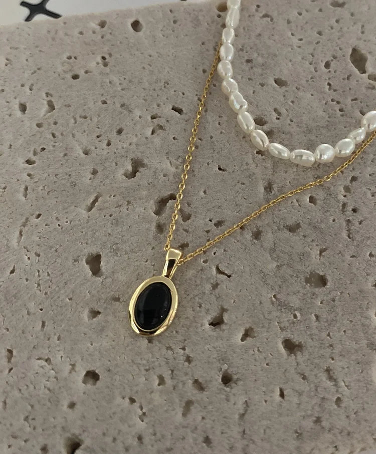 Ferelune - Black Onyx and Pearl Layered Necklace Set