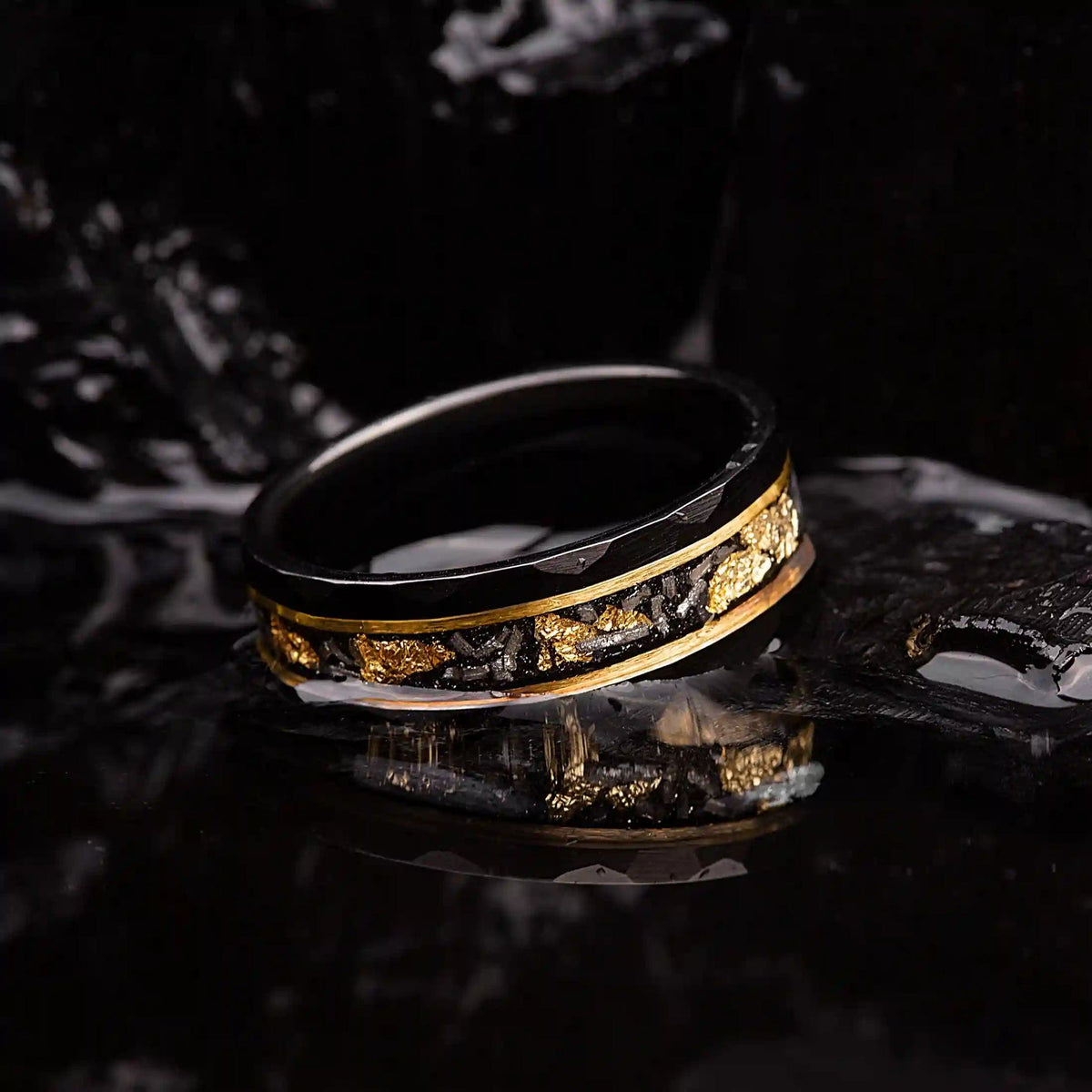 Orion Ring - Gold Leaf and Black Meteorite Tungsten Band