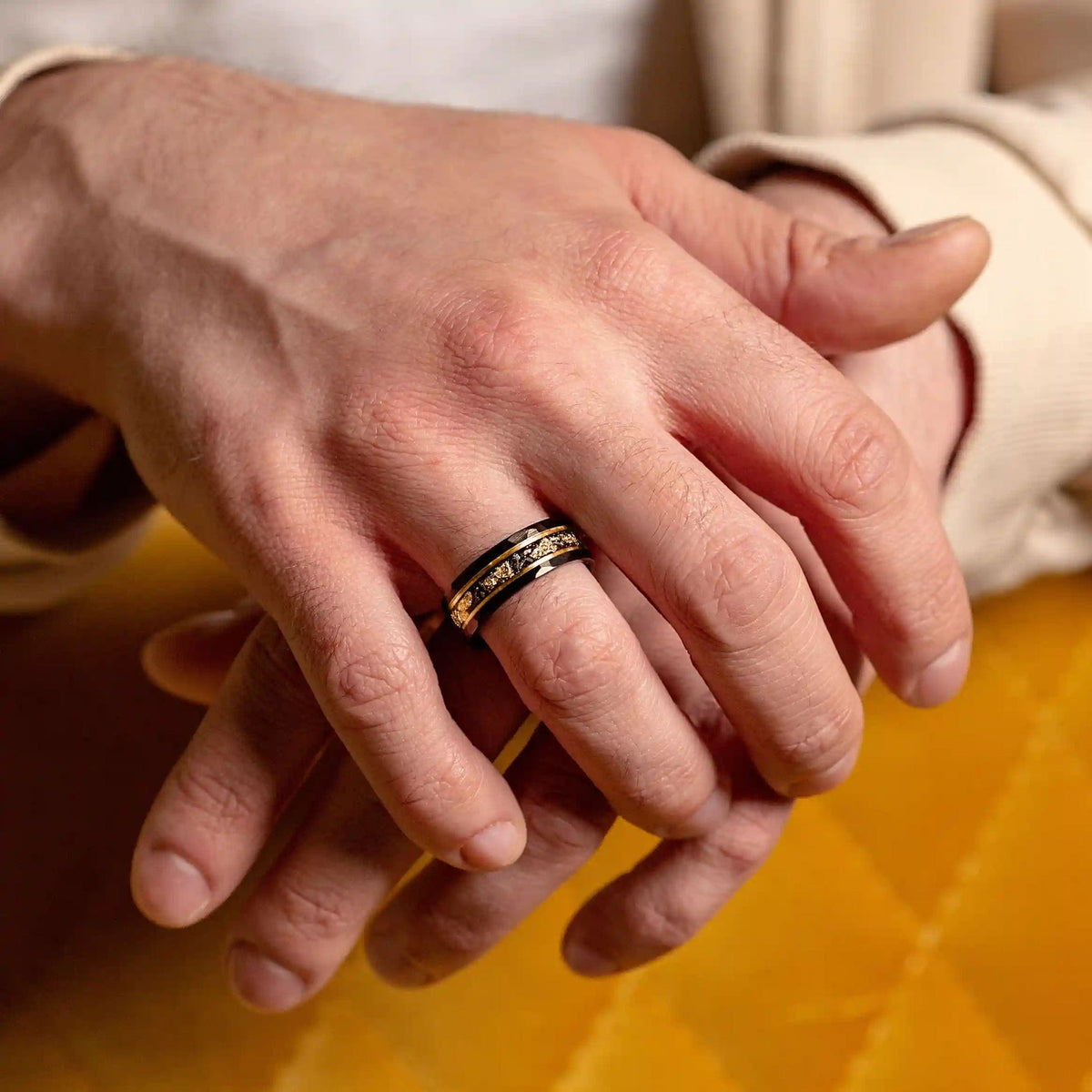 Orion Ring - Gold Leaf and Black Meteorite Tungsten Band