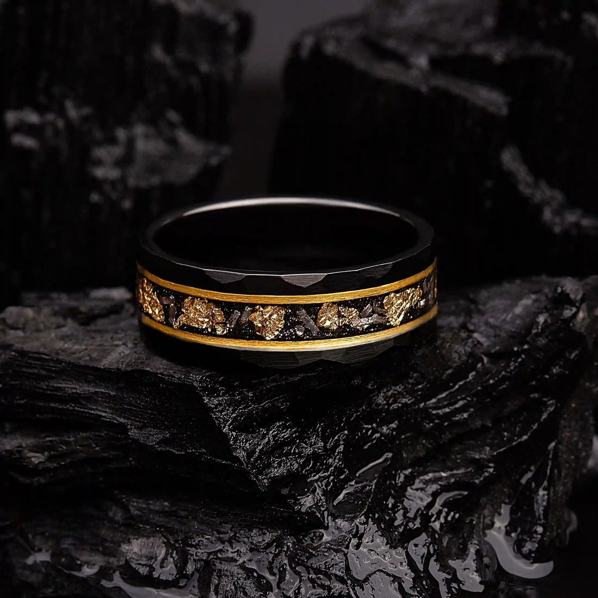 Orion Ring - Gold Leaf and Black Meteorite Tungsten Band