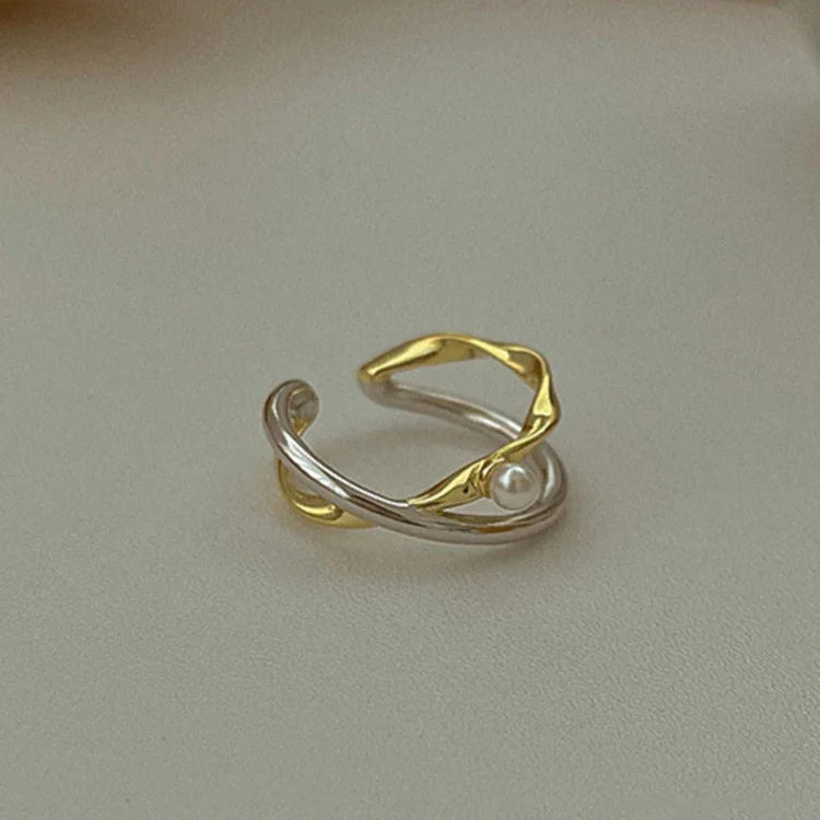 Curvessa - Sterling Silver Crossover Ring with Pearl Accent