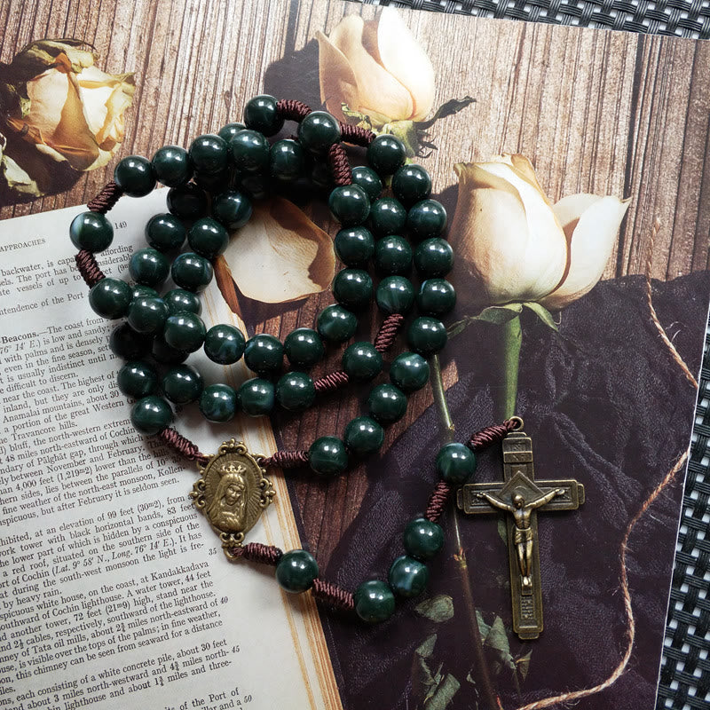 Chapelrose - Moss Agate Holy Medal Rosary Cross Necklace