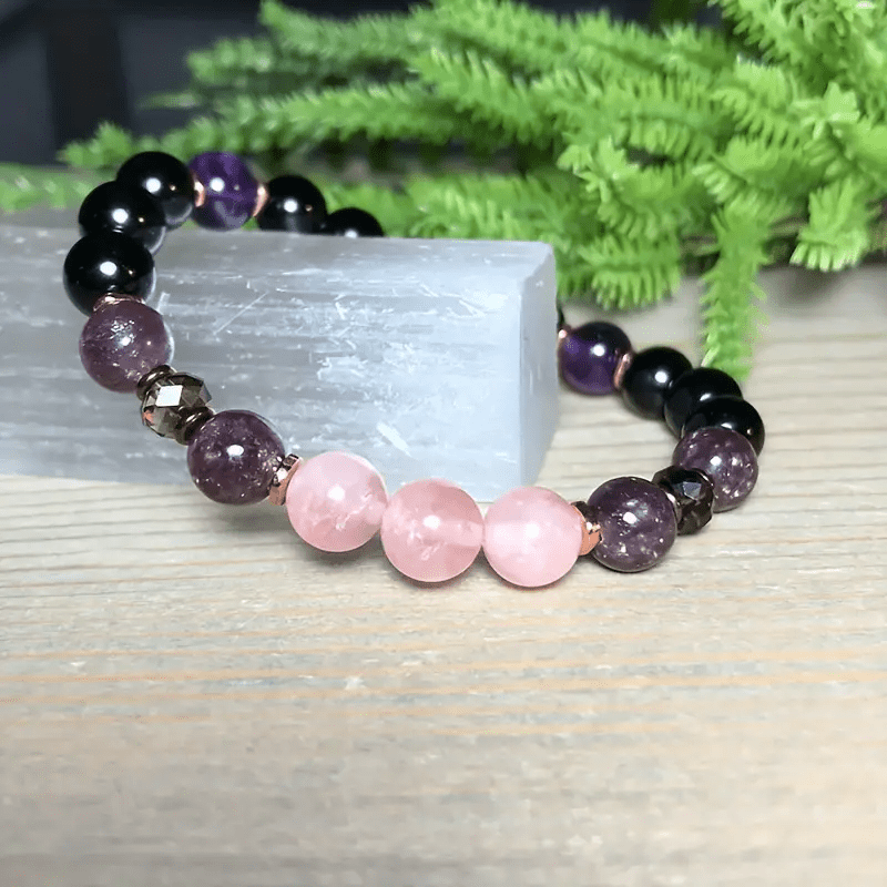 Adalore - 8mm Rose Quartz, Obsidian & Amethyst Beaded Bracelet