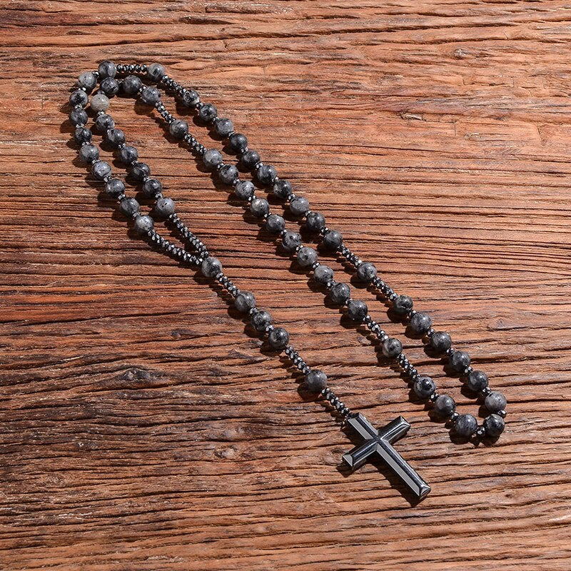 Corvaen - Tiger Eye and Lapis Lazuli Cross Rosary Necklace, Orion Collection