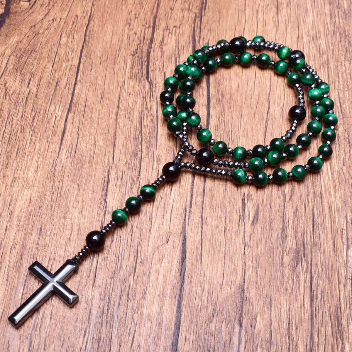 Corvaen - Tiger Eye and Lapis Lazuli Cross Rosary Necklace, Orion Collection