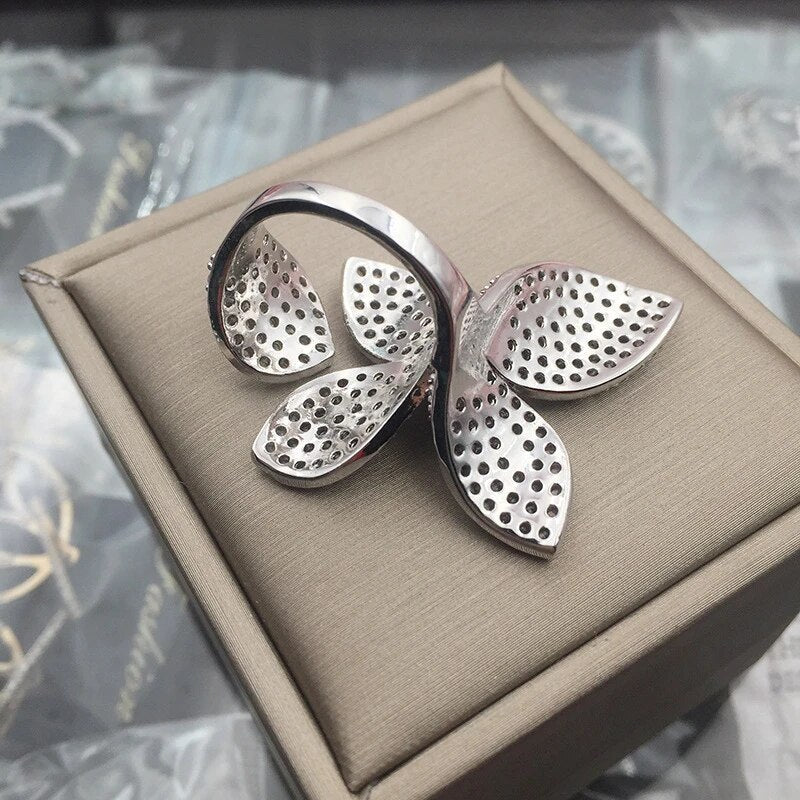 Oversized Silver Flower Petal Ring - Bold Zirconia Statement Ring
