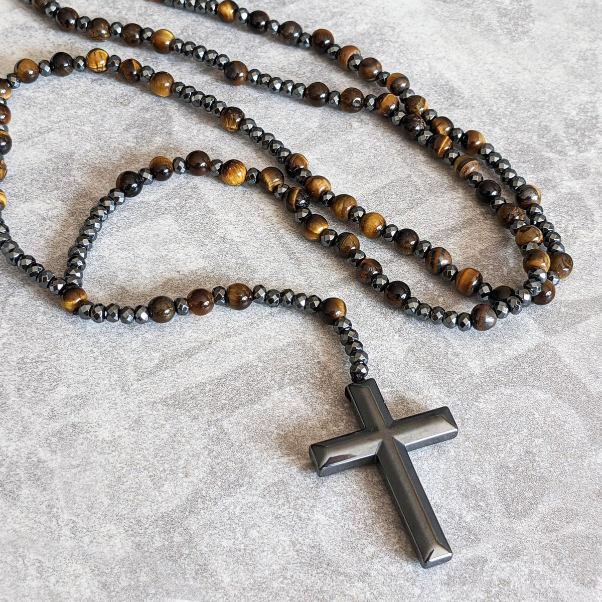 Corvaen - Tiger Eye and Lapis Lazuli Cross Rosary Necklace, Orion Collection