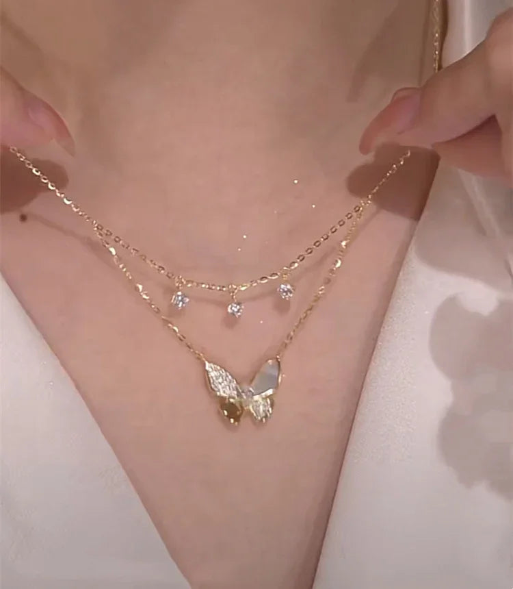 Elayna - Elegant Double-Layered Butterfly Necklace with Zirconia and Mother-of-Pearl