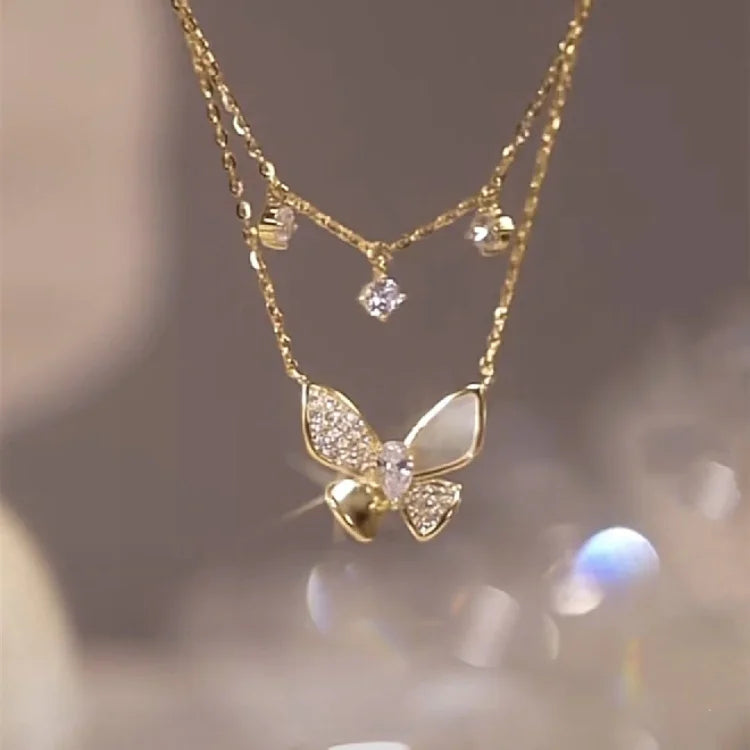 Elayna - Elegant Double-Layered Butterfly Necklace with Zirconia and Mother-of-Pearl