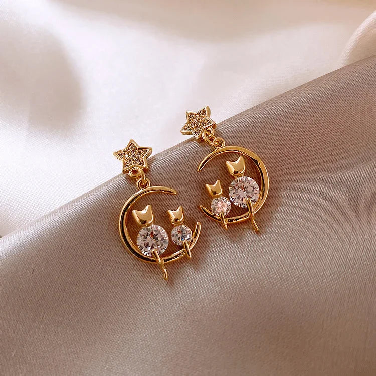 Feline Earrings - Gold Cat Earrings with Sparkling Zirconia