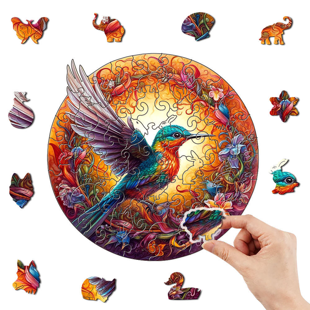 WoodenPuzzle - Wood Art Featuring a Hovering Hummingbird