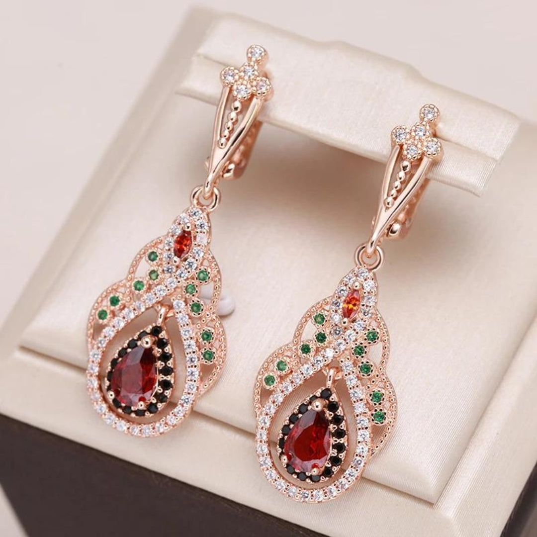 Kylie - Gold Mandala Earrings with Red Zirconia