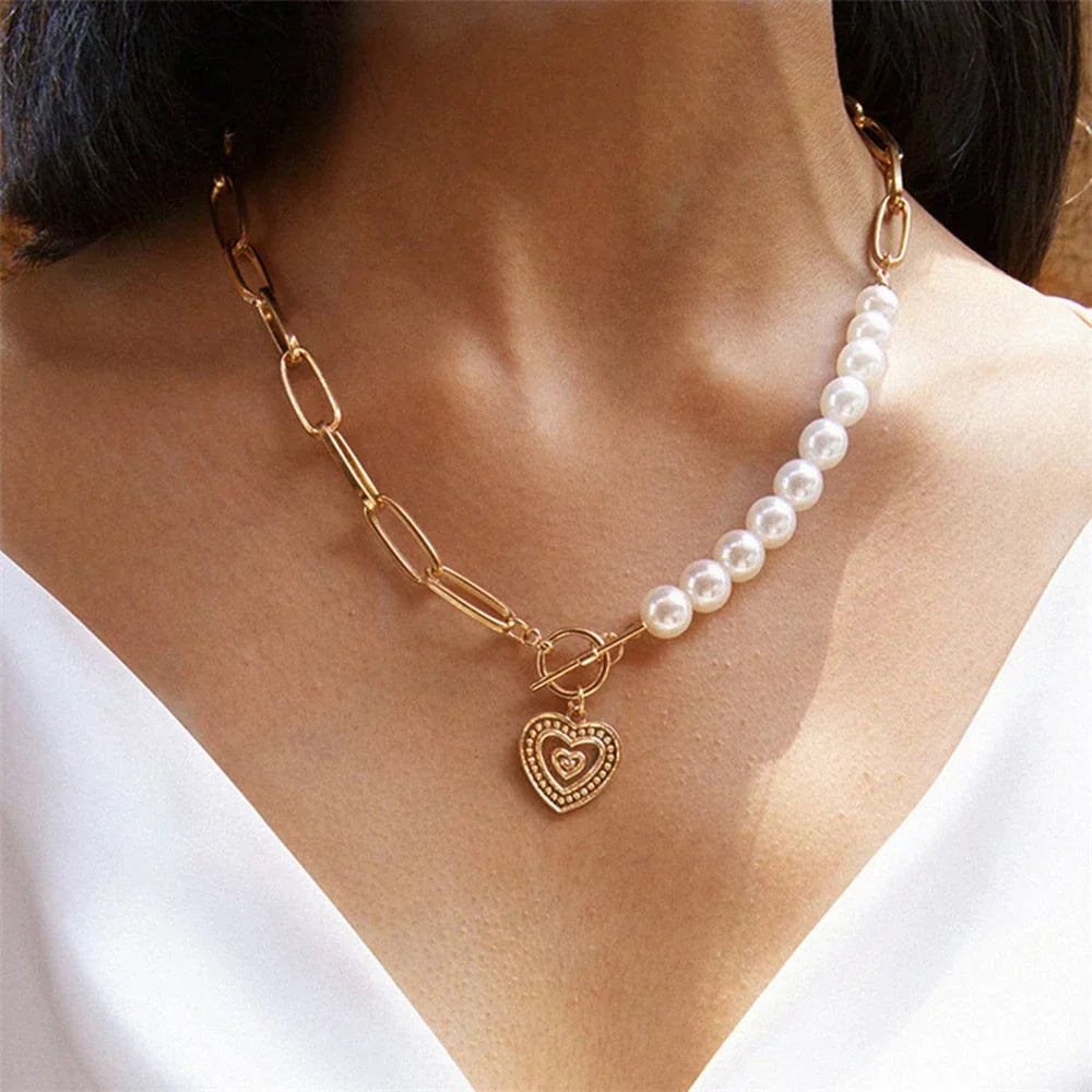Gold Heart Necklace - Elegant Pearl Accent Pendant