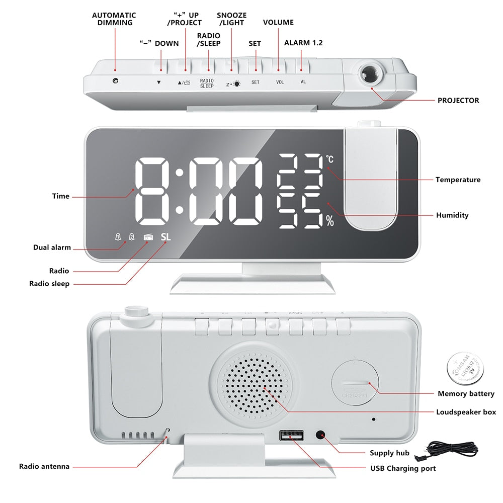 Astronatic Alarm Clock - LED Display with 180° Time Projector