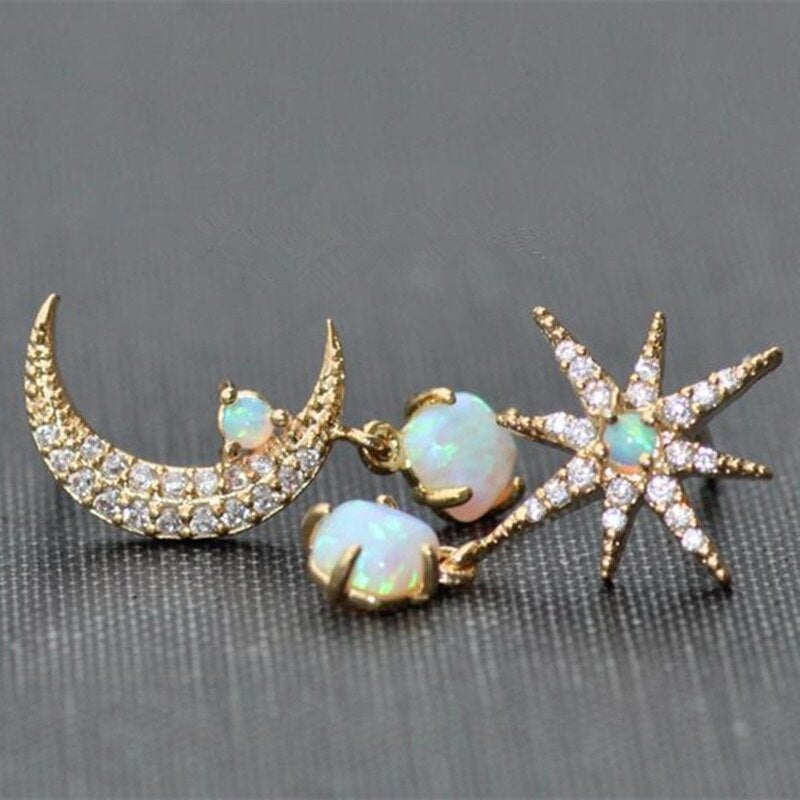 Aurora Collection - Gold Moon and Star Opal Earrings