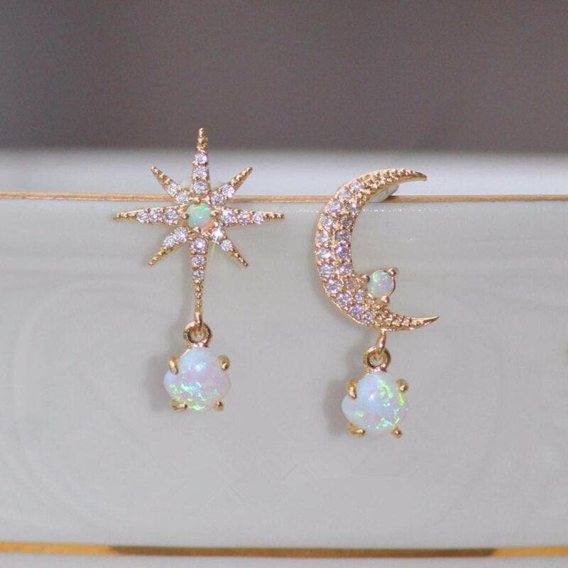 Aurora Collection - Gold Moon and Star Opal Earrings