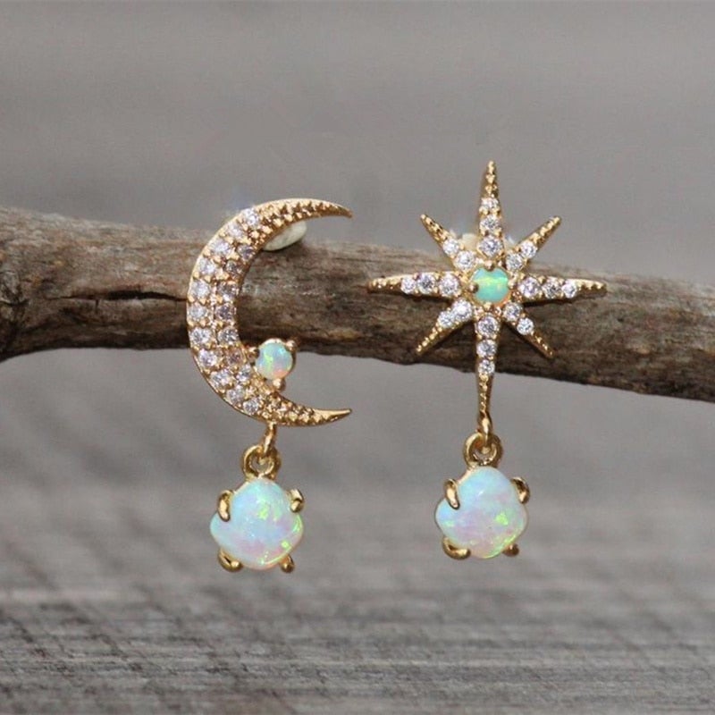 Aurora Collection - Gold Moon and Star Opal Earrings