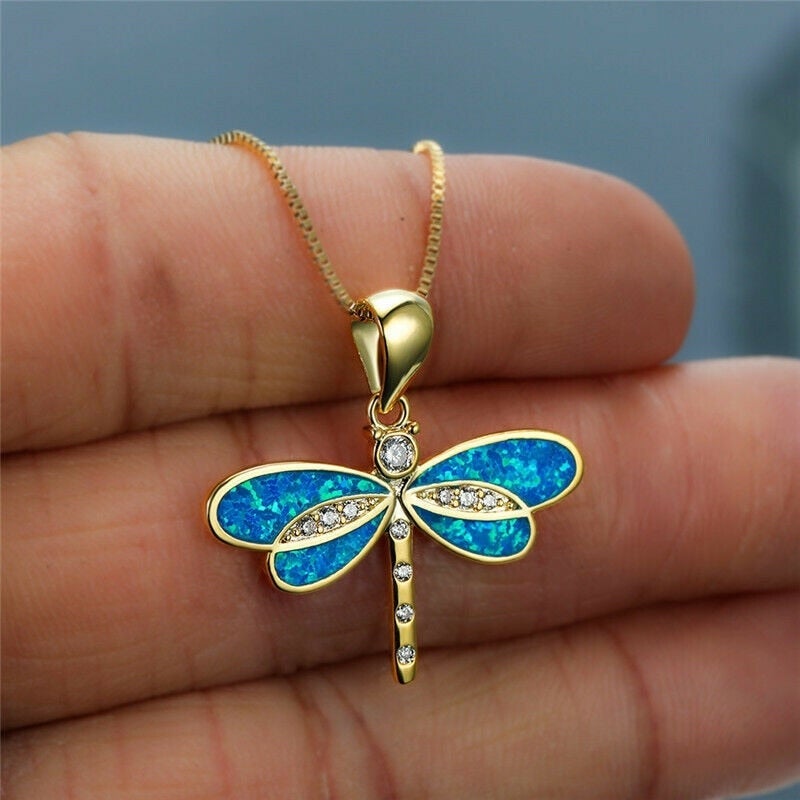 Isolde Gold Dragonfly Necklace - Radiant Opal Statement Piece