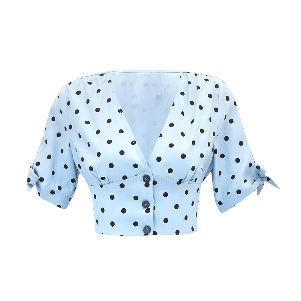 Jasnoniebieski komplet w grochy crop top i spódnica midi