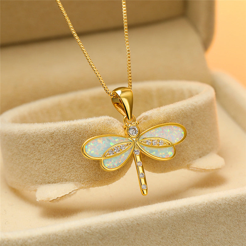 Isolde Gold Dragonfly Necklace - Radiant Opal Statement Piece