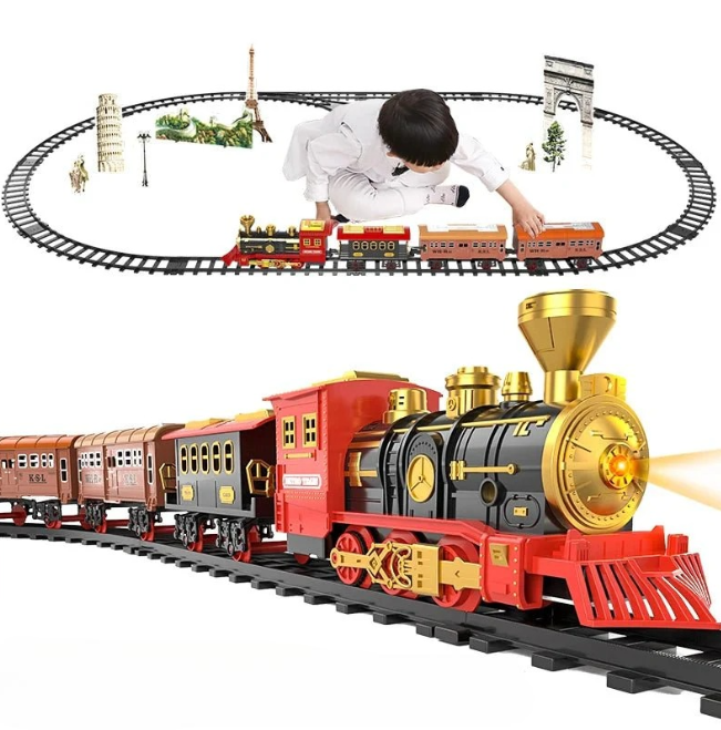 Delrail Set - Vintage Train Playset with Lights, Sound, and Steam Effects