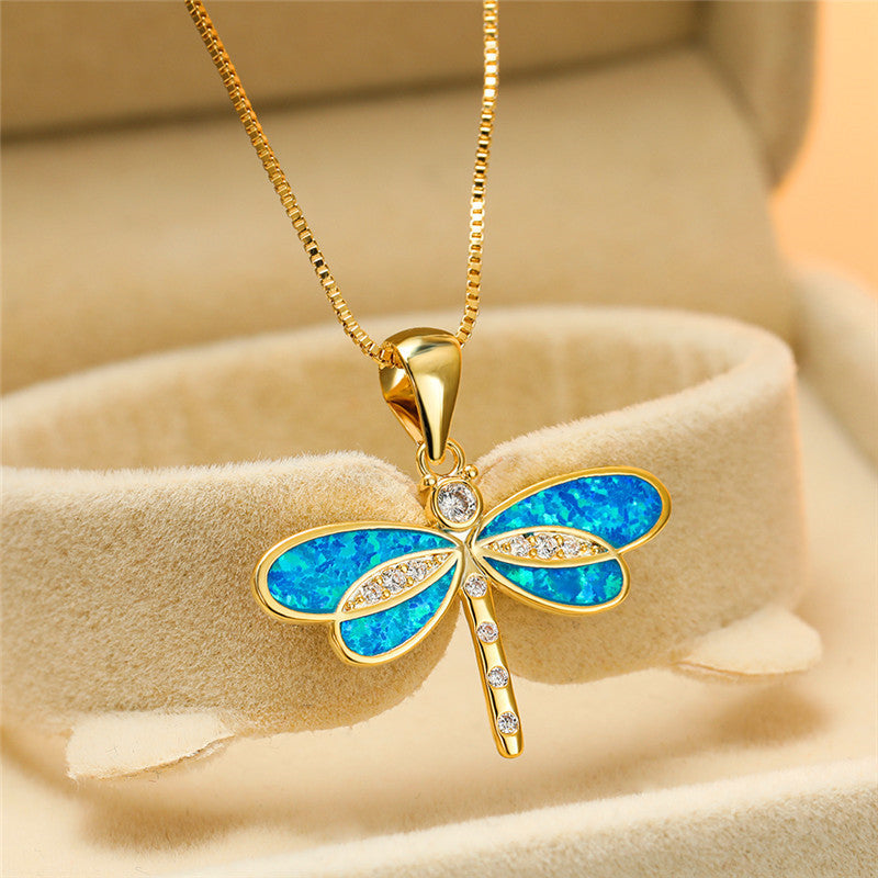 Isolde Gold Dragonfly Necklace - Radiant Opal Statement Piece
