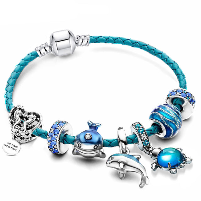 Ocean Breeze Charm Bracelet - Silver and Leather Nautical Style