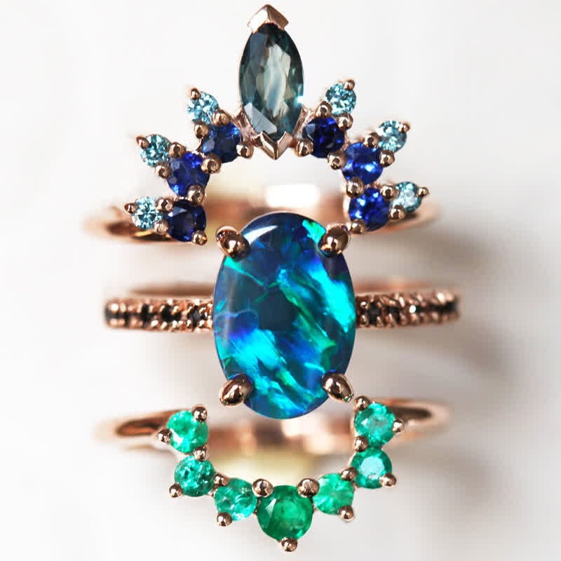 Isabella - Sapphire and Opal 3-Piece Ring Set