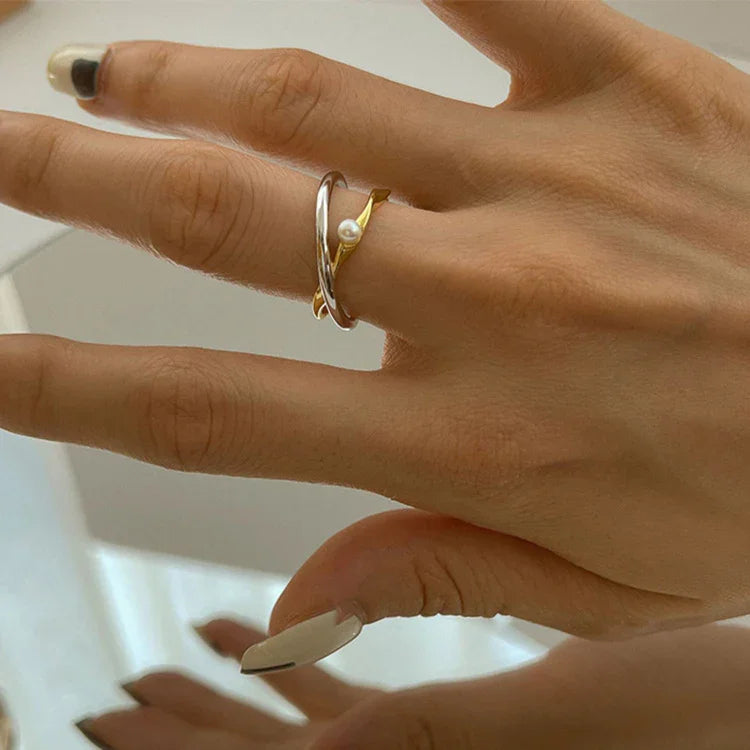 Curvessa - Sterling Silver Crossover Ring with Pearl Accent