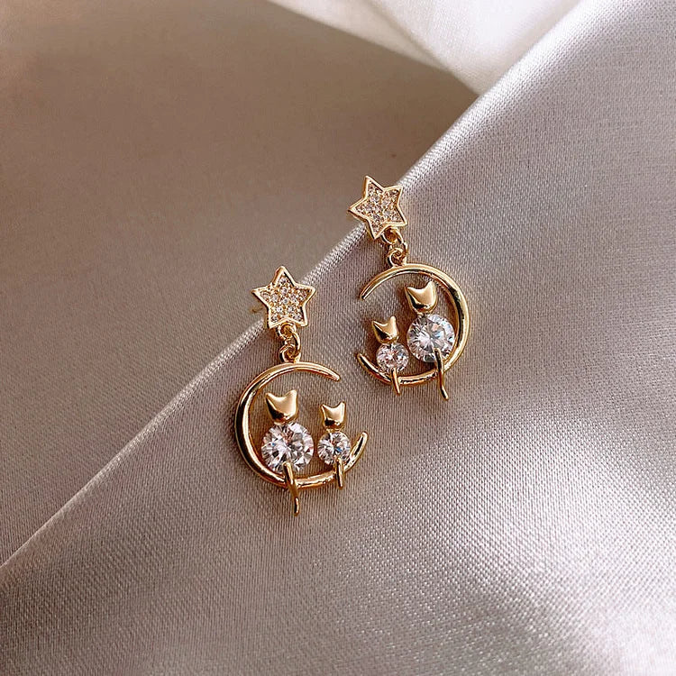 Feline Earrings - Gold Cat Earrings with Sparkling Zirconia