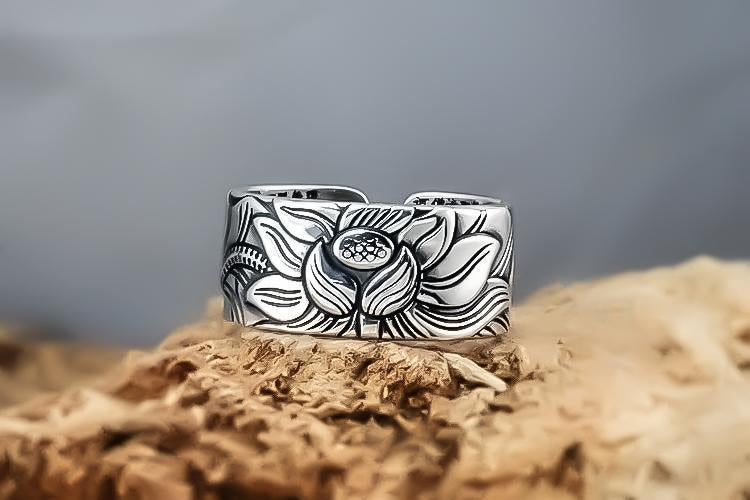 Gyantra - Elegant Silver Lotus Sutra Ring for Men and Women