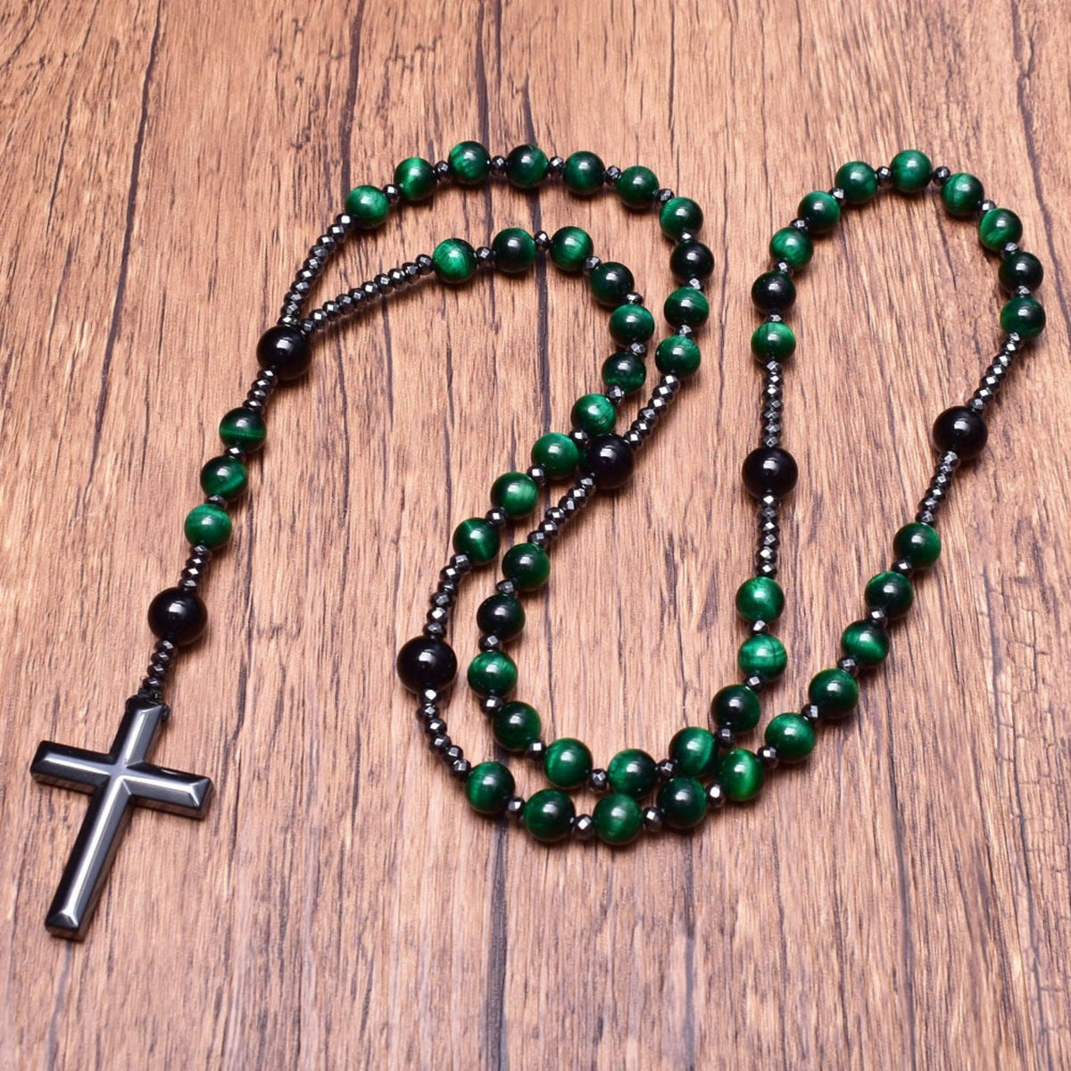 Corvaen - Tiger Eye and Lapis Lazuli Cross Rosary Necklace, Orion Collection