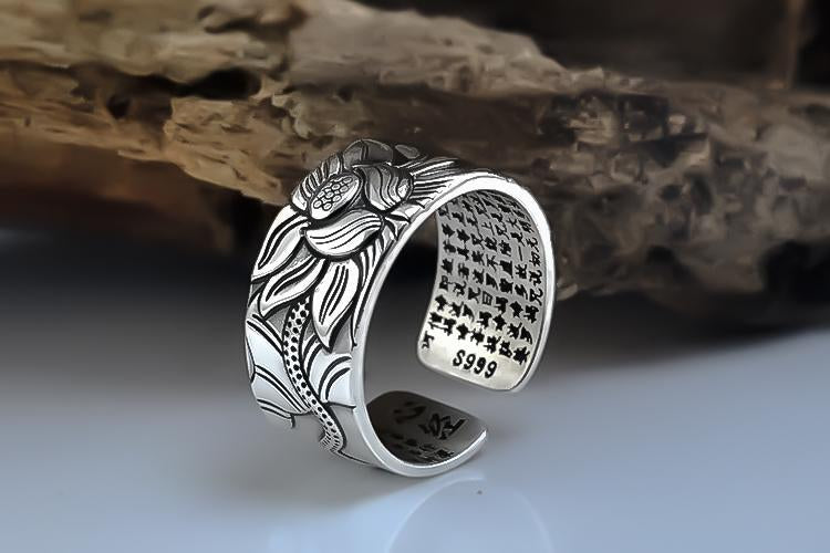 Gyantra - Elegant Silver Lotus Sutra Ring for Men and Women