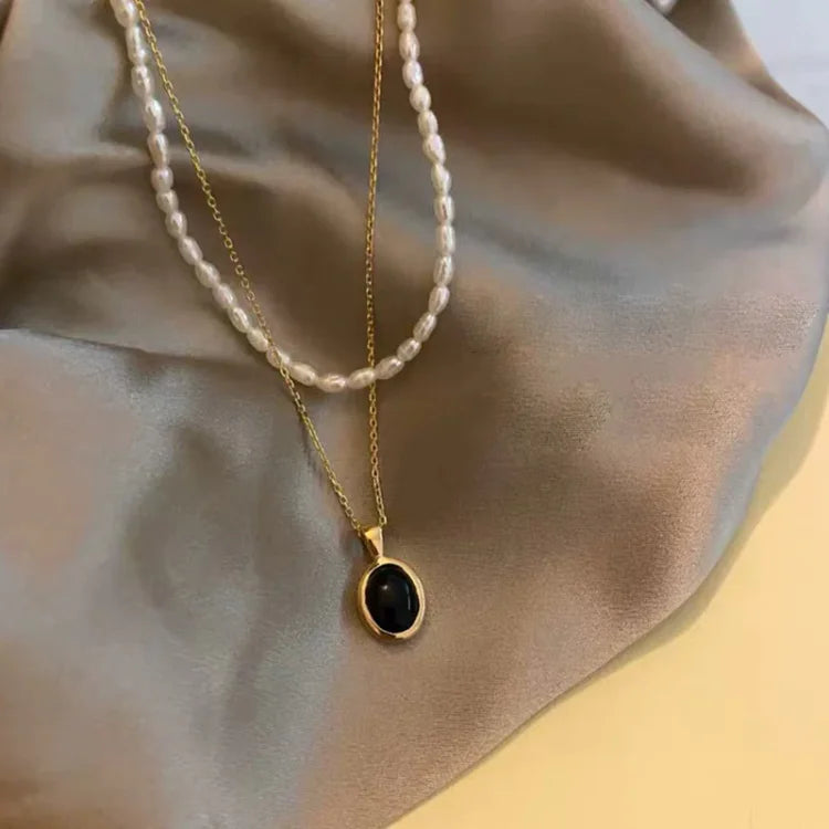 Ferelune - Black Onyx and Pearl Layered Necklace Set