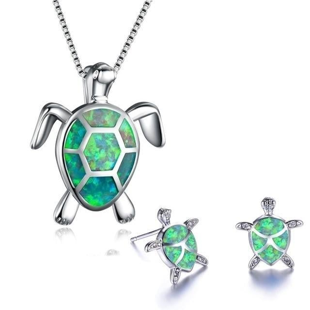 Marinella - Silver Sea Turtle Necklace and Earrings Set