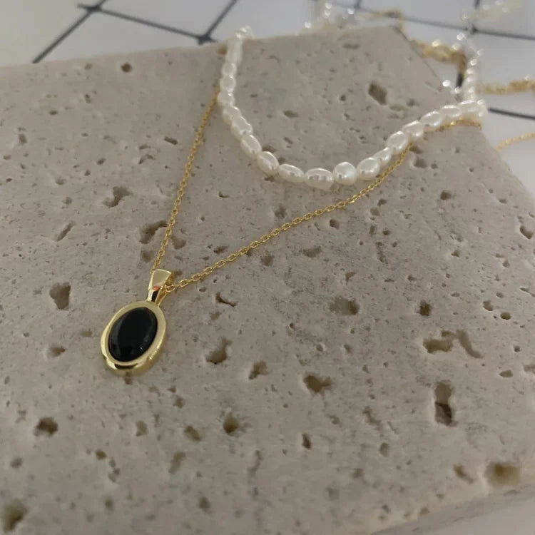 Ferelune - Black Onyx and Pearl Layered Necklace Set