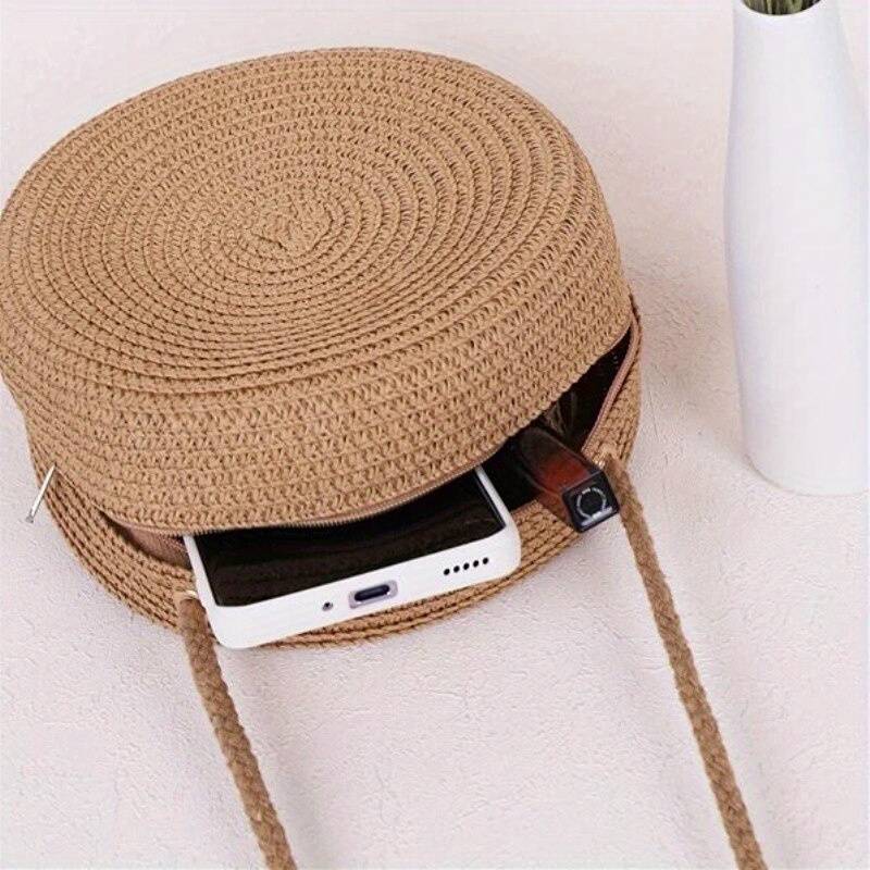 BellaRound Bag - Elegant Round Straw Shoulder Bag