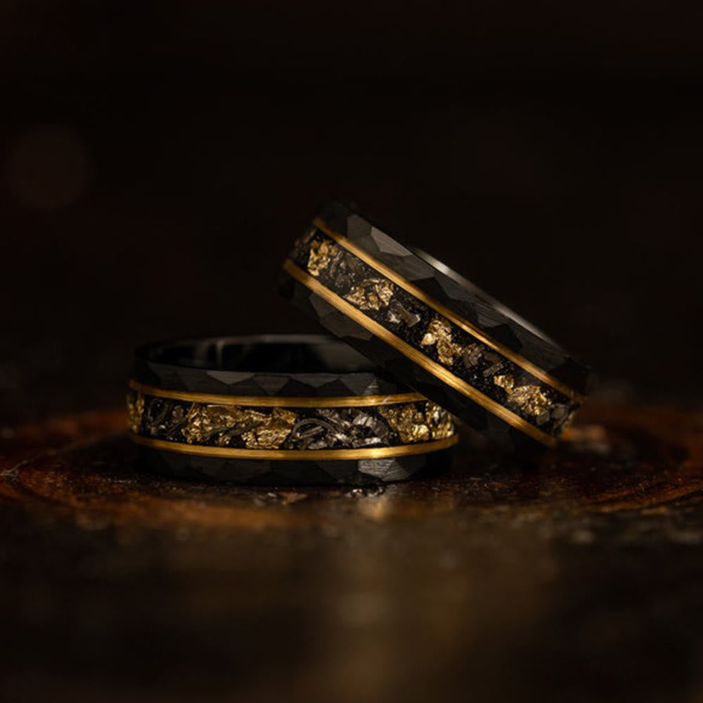 Orion Ring - Gold Leaf and Black Meteorite Tungsten Band