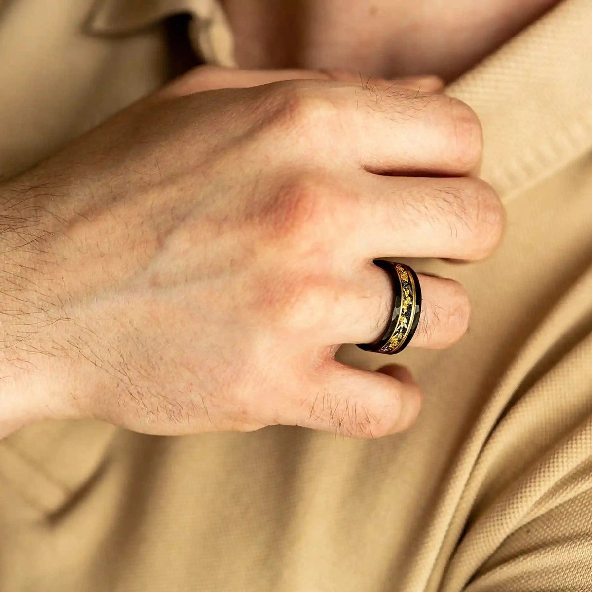 Orion Ring - Gold Leaf and Black Meteorite Tungsten Band