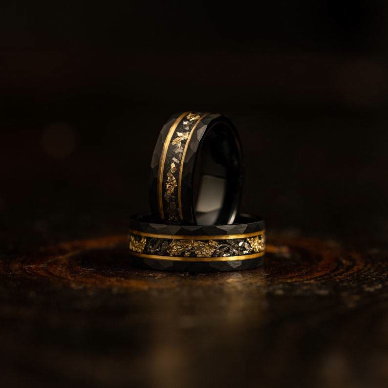 Orion Ring - Gold Leaf and Black Meteorite Tungsten Band