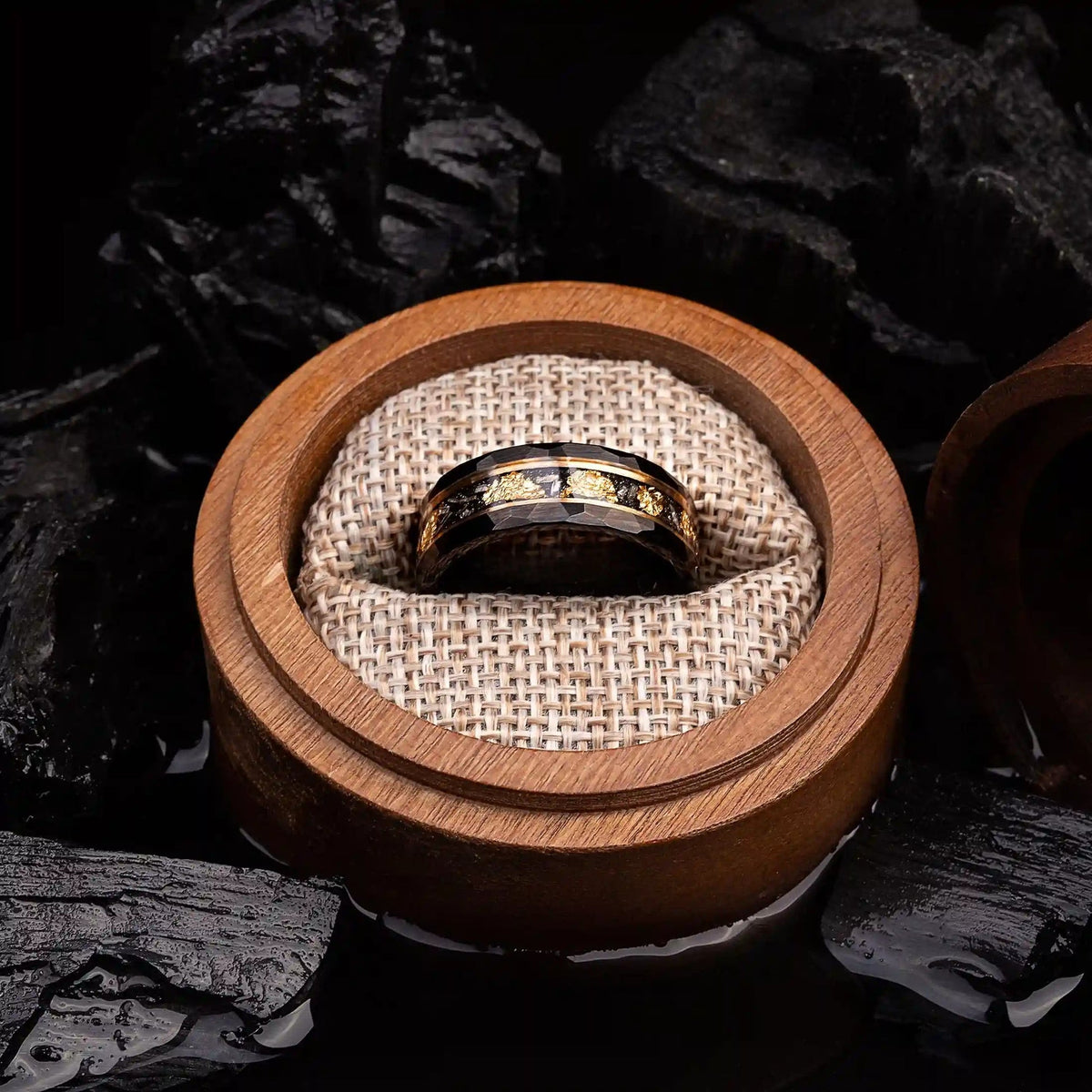 Orion Ring - Gold Leaf and Black Meteorite Tungsten Band