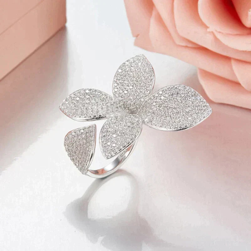 Oversized Silver Flower Petal Ring - Bold Zirconia Statement Ring