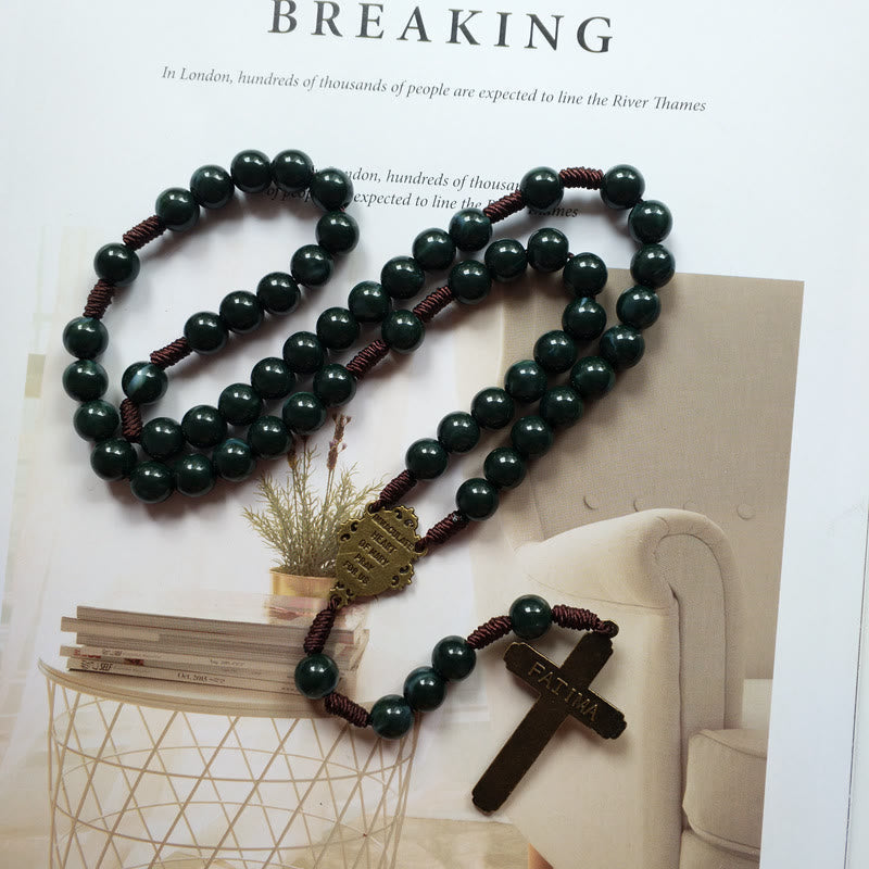 Chapelrose - Moss Agate Holy Medal Rosary Cross Necklace