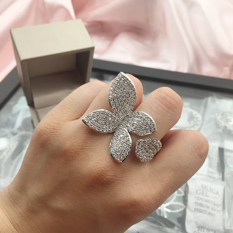 Oversized Silver Flower Petal Ring - Bold Zirconia Statement Ring