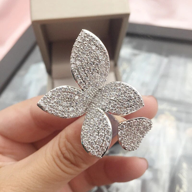 Oversized Silver Flower Petal Ring - Bold Zirconia Statement Ring