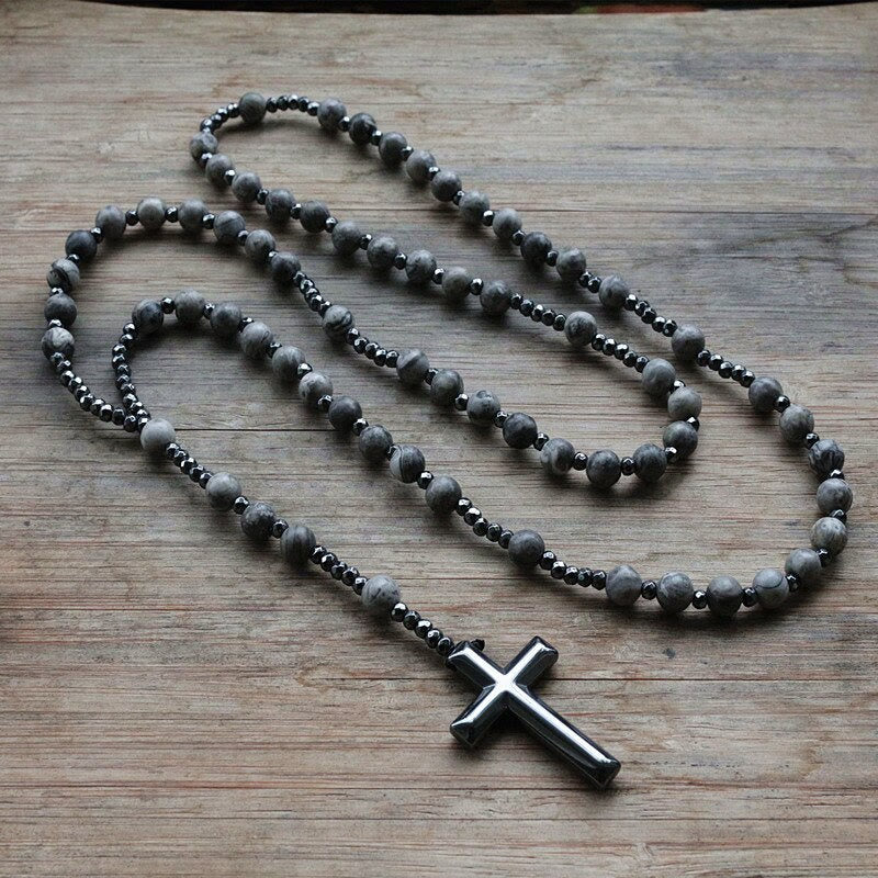 Corvaen - Tiger Eye and Lapis Lazuli Cross Rosary Necklace, Orion Collection