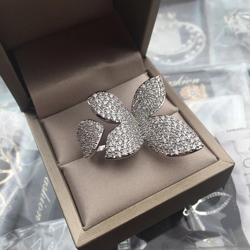 Oversized Silver Flower Petal Ring - Bold Zirconia Statement Ring