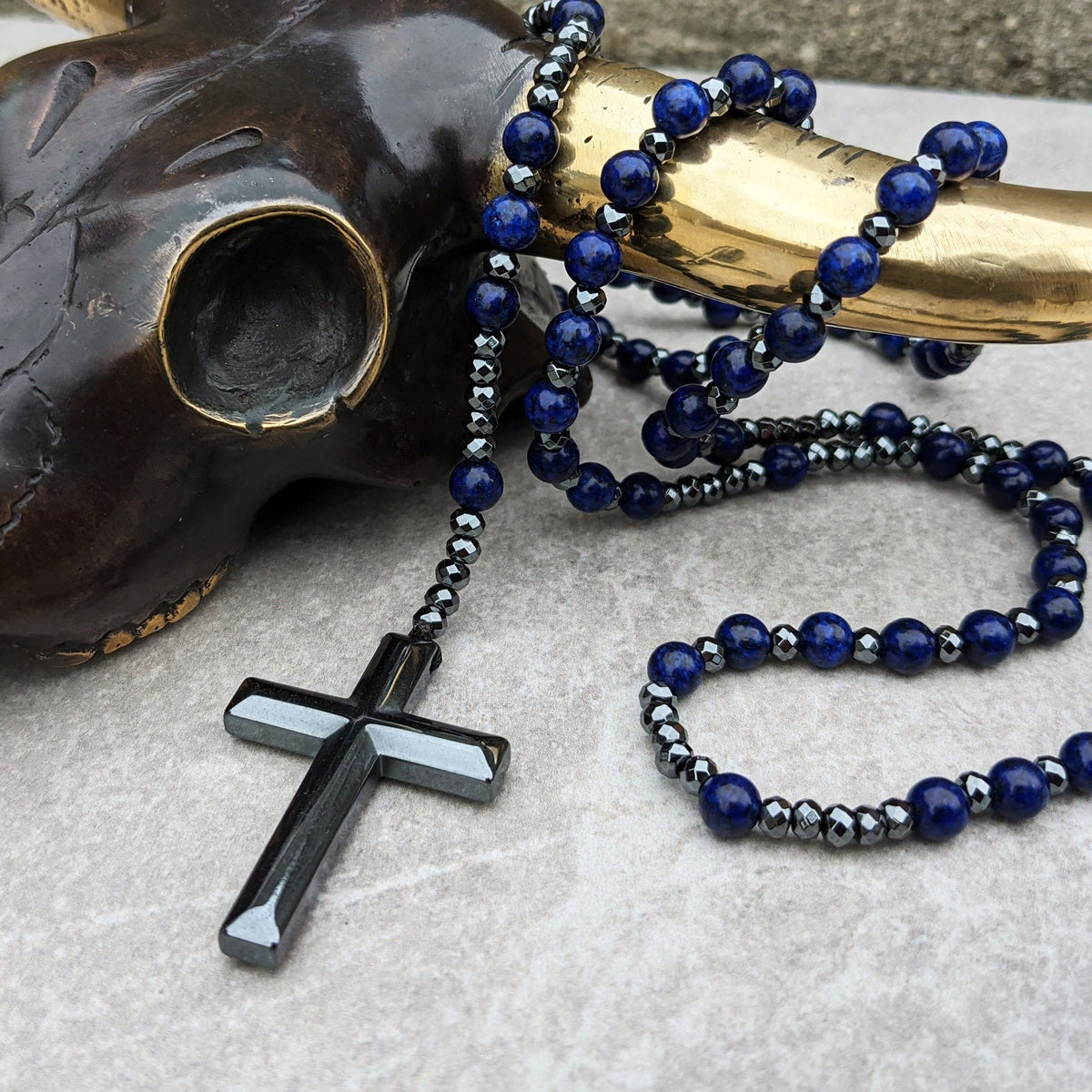 Corvaen - Tiger Eye and Lapis Lazuli Cross Rosary Necklace, Orion Collection