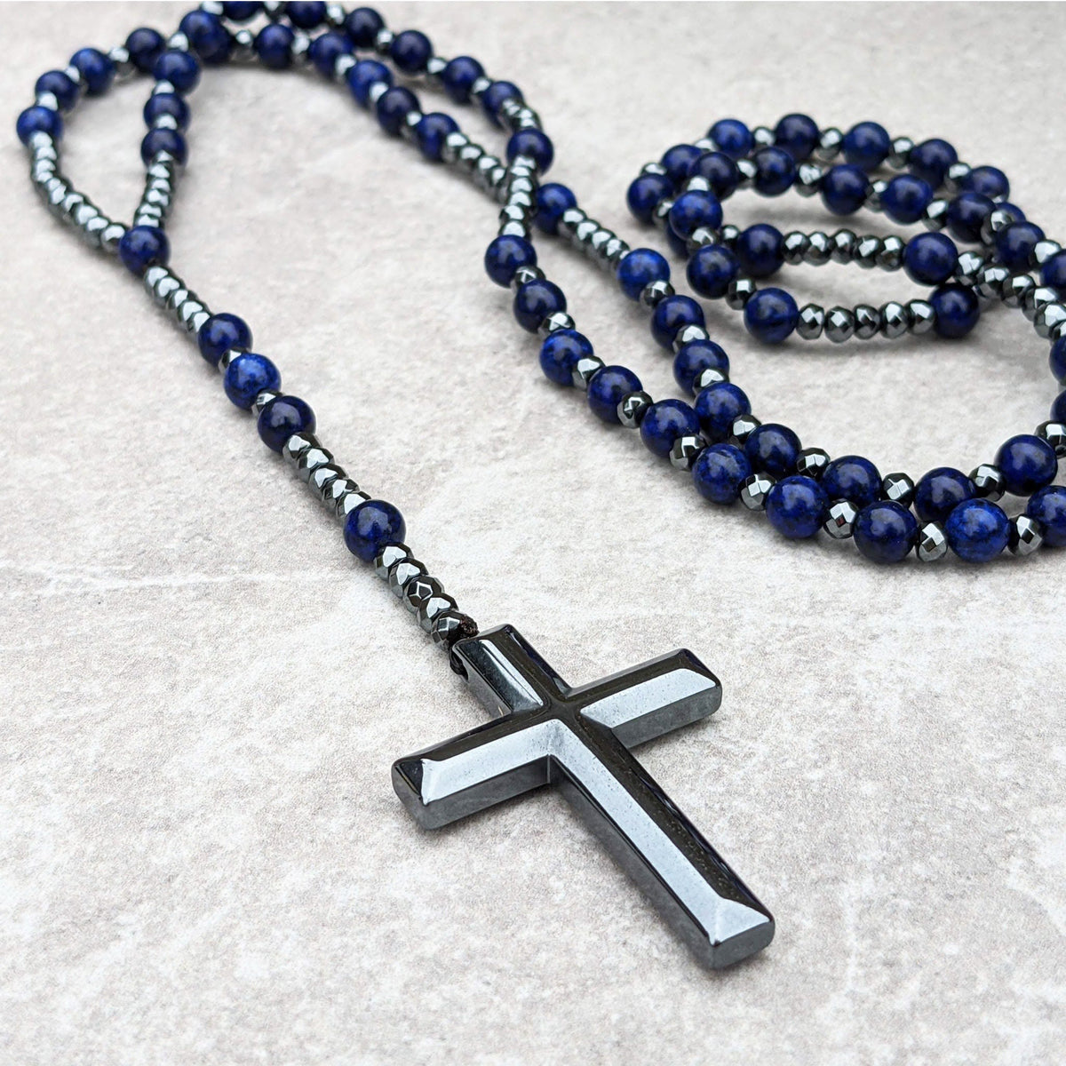 Corvaen - Tiger Eye and Lapis Lazuli Cross Rosary Necklace, Orion Collection