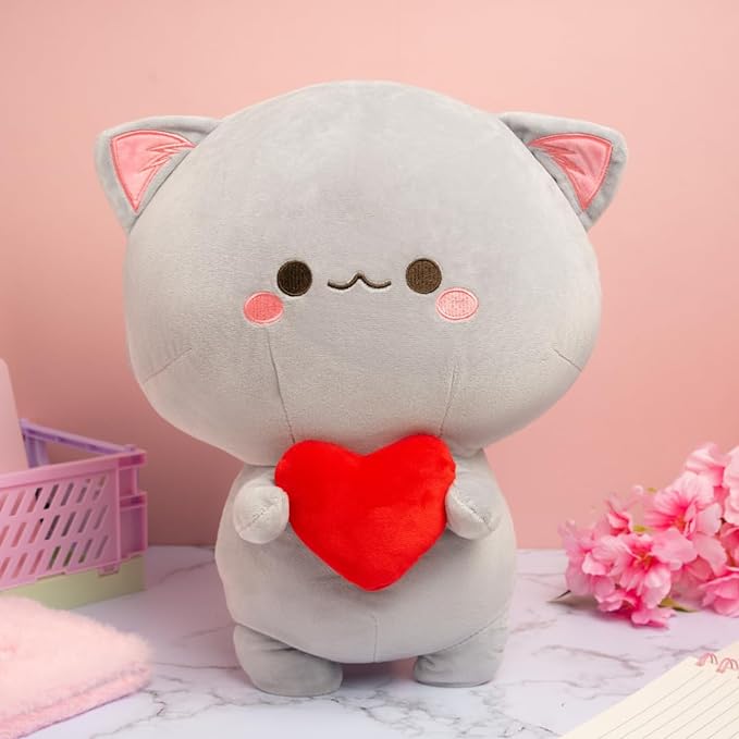 Soft Gray Cat with Heart - Cuddly Plush Toy for All Ages